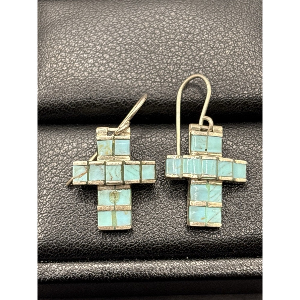 Vintage Sterling Silver Turquoise Inlay Cross Earrings 6 Gram G22 - Picture 5 of 9